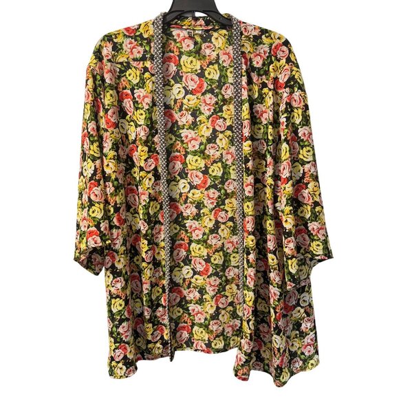 Kut From The Kloth Floral Kimono Jacket With Pearl Beaded Trim  Sz Large - Picture 1 of 12